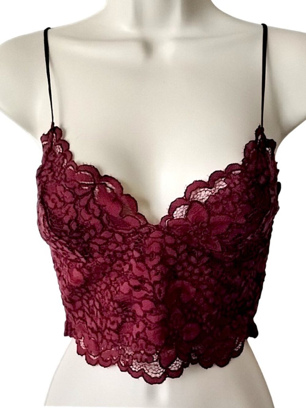NWT Express Stretch Lace Longline Cami Bra Top XS Burgundy Purple Smocked Crop